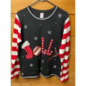 Holiday Time Women Ugly Christmas Sweater Jolly Black Red Striped M 8-10 Festive